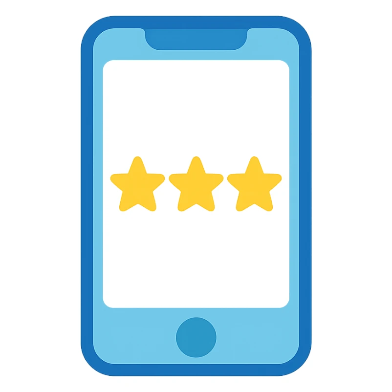 Smartphone icon with three yellow stars aligned in a row on the screen, flat emoji style, outline with blue and turquoise colors, screen filled solid white sticker