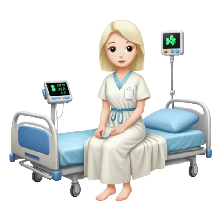 patient in a hospital gown sitting on a bed sticker
