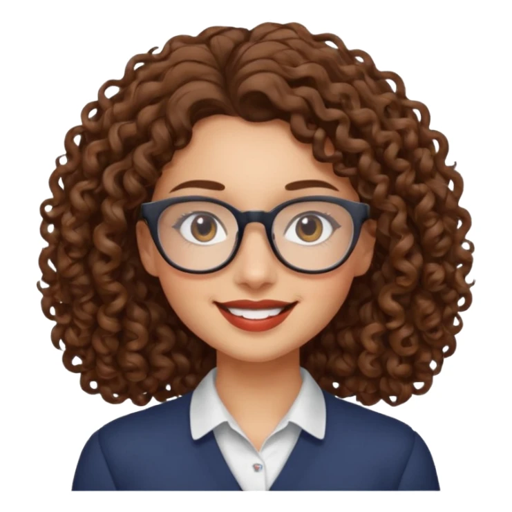 Young woman, curly brown hair, shoulder-length, brown lips, glasses sticker