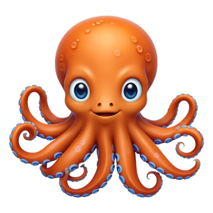 Cinematic Realistic Cute Octopus Portrait Emoji, Head tilted playfully and inquisitively, featuring a gracefully curving, compact body in vibrant orange adorned with delicate blue rings, and a charming, expressive face with round, sparkling eyes full of curious wonder; rendered with lifelike detail and soft natural highlights, high shine, affectionate and enchanting, styled with a touch of whimsical ocean magic, soft glowing outline, capturing the essence of a mischievous yet lovable octopus that seems poised to slither playfully into your arms! sticker