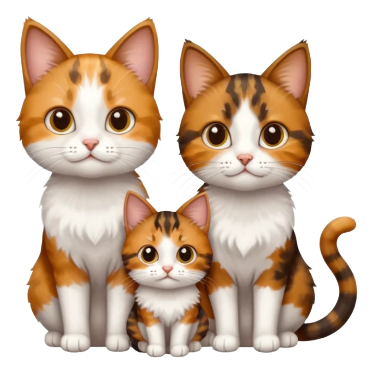 3 different coloured small cats including a dark brown tabby and white, and a patchy calico, and a ginger and white sticker