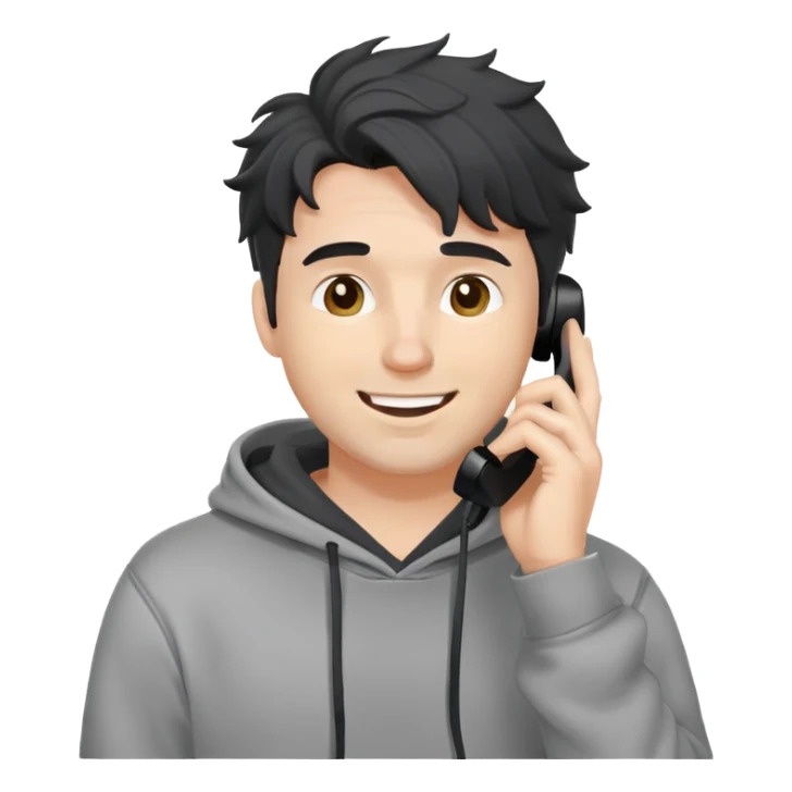a white man with black messy, grey hoodie taking a call, happy sticker