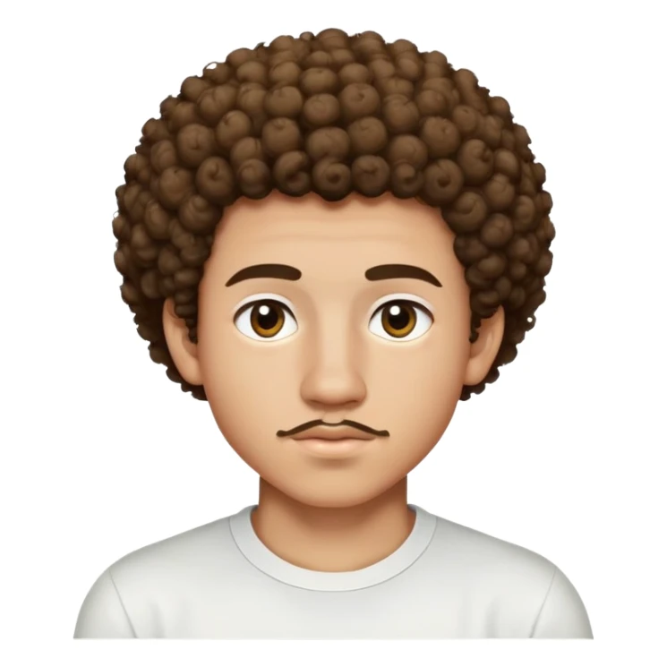 17 year old light-skinned boy with slightly brown smaller eyes, small mustache above lip, very curly hair like a small afro with cut sides, one single curl like an antenna falling on forehead, wearing a tight white shirt sticker