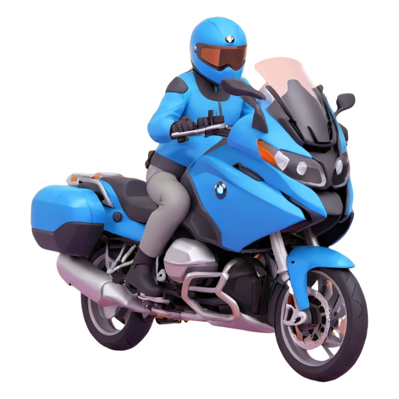 blue BMW R 1200 RT touring motorcycle with rider on road sticker