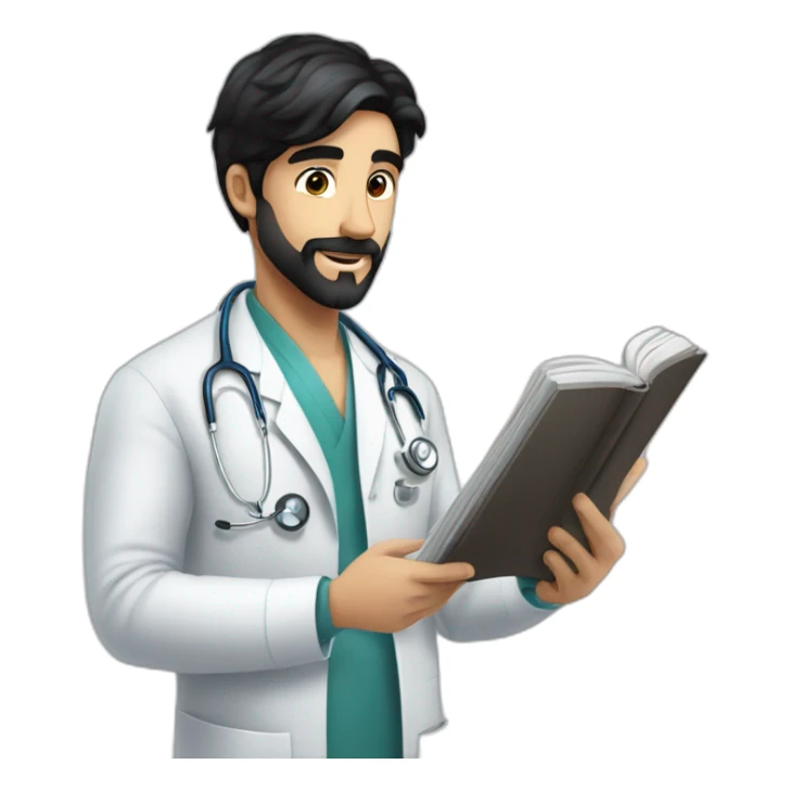 young spanish surgeon with black hair, black beard and stethoscope,reading a book sticker