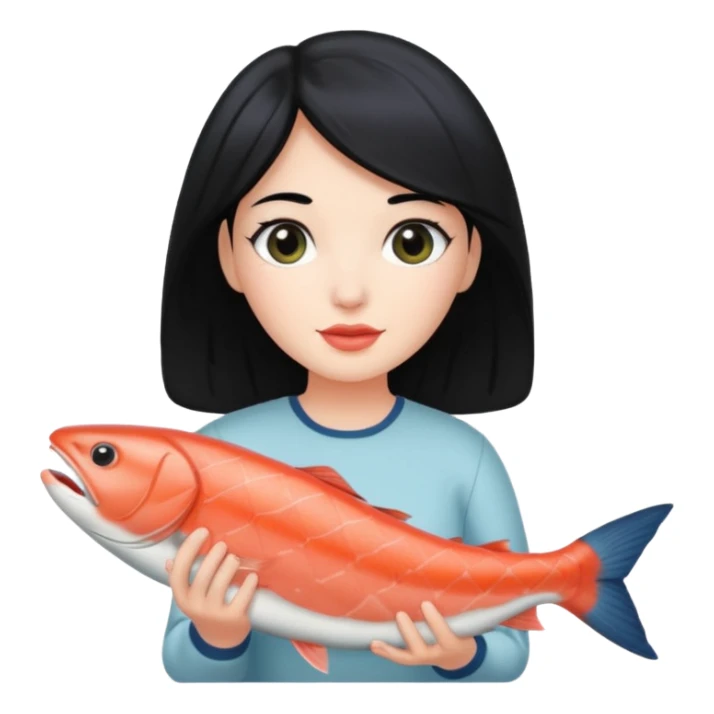 White lady with black hair holding a salmon  sticker
