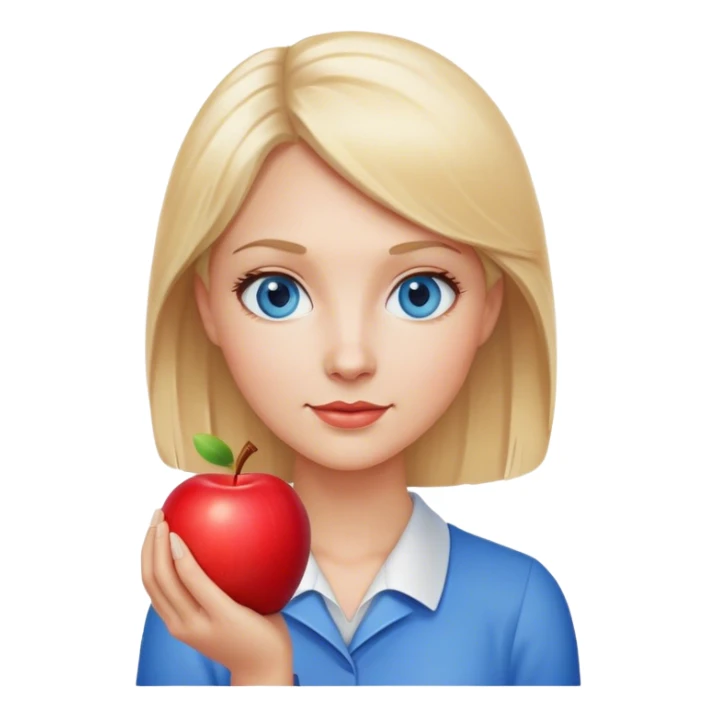 blonde hair blue eyes teacher female with apple sticker