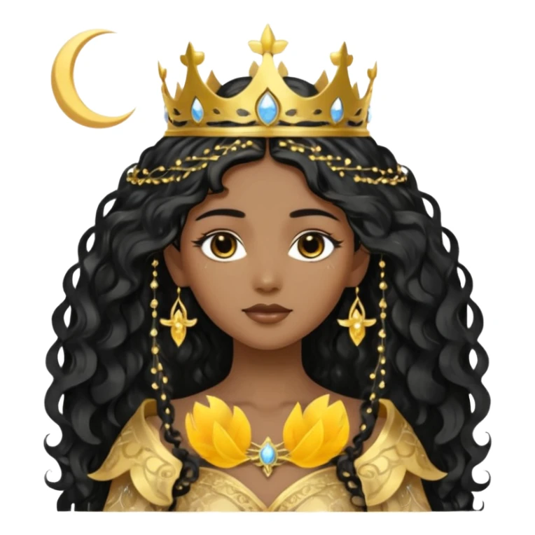 a black beautiful angel with gold pattern on her face and and long wavy black hair, she wears a ethereal crown with sparkling strings and a beautiful sparkling golden gown with moon crest in the middle of the gown, her face calm, gentle and kind, magical aura around her sticker