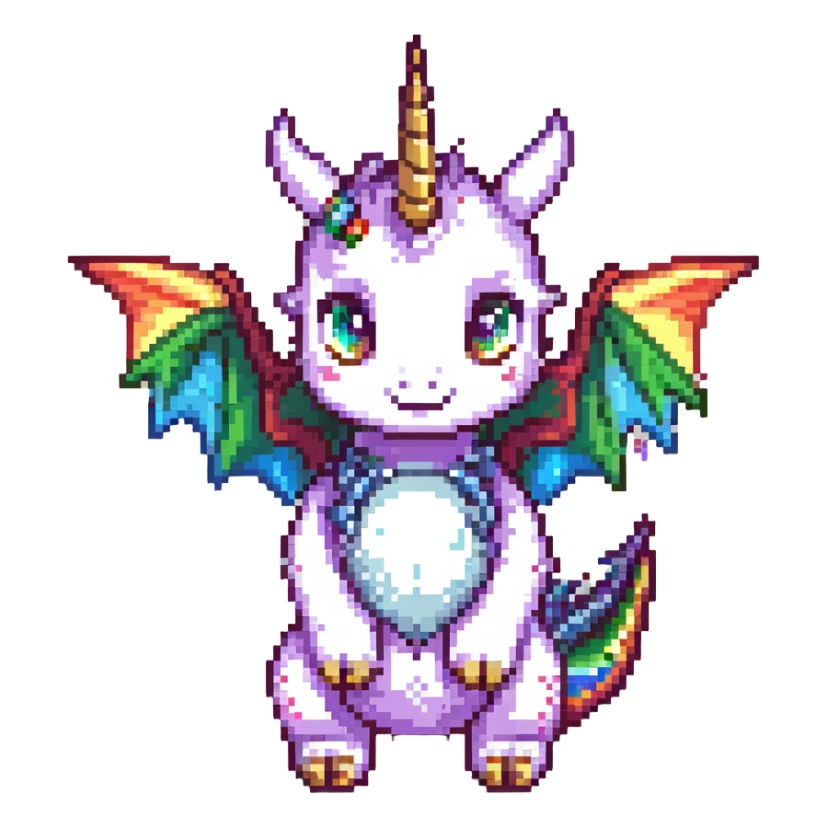 cute dragon with big eyes, rainbow wings, and unicorn horn, simple background sticker