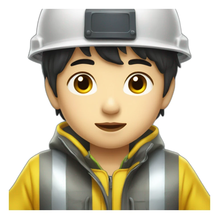 chinese boy with very thick lip wearing yellow rain jack and a white safety helmet doing inspection sticker