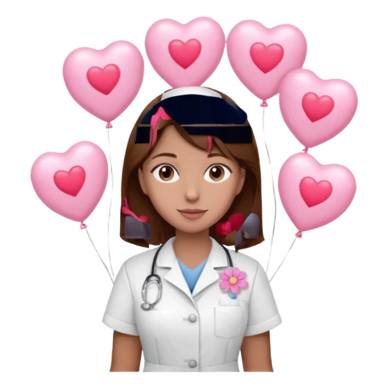 Brown hair Nurse with pink heart and flowers surround her in a random pattern sticker