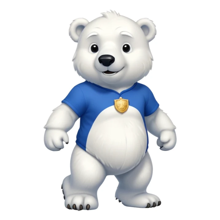 muscular friendly anthropomorphised polar bear walking confidently, wearing a royal blue t-shirt, proud expression sticker