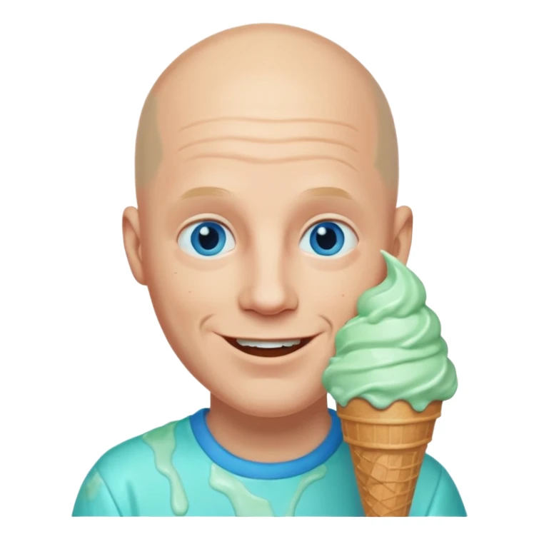 Smiling Bald man with blue eyes with mint ice cream cone all over his face sticker