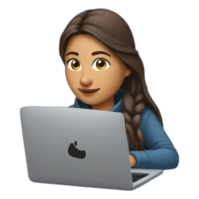 a female indian software engineer, with long brown hair, wearing a nike hoodie, sitting behind a laptop sticker