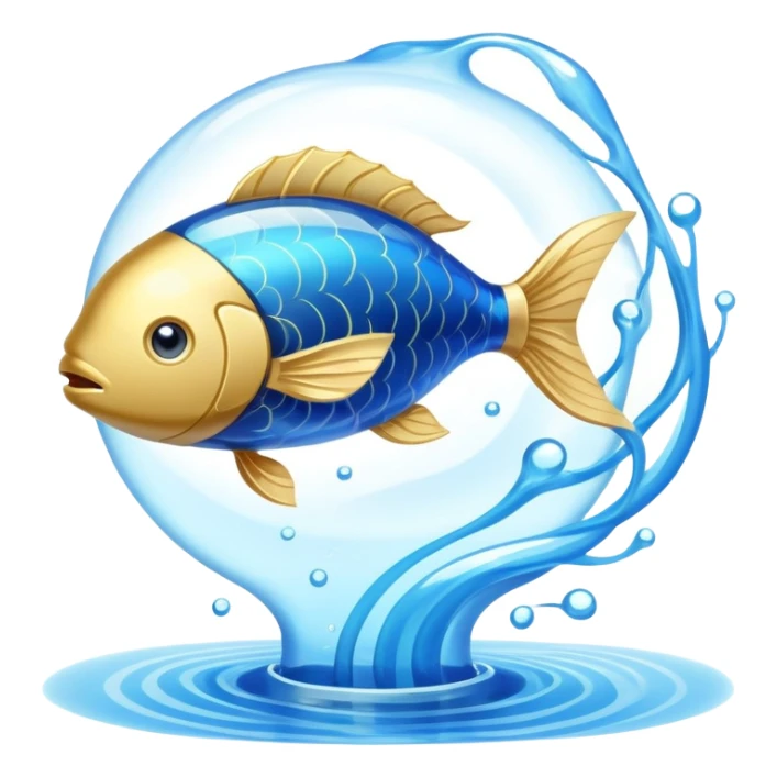 Golden omega-3 capsule floating in blue liquid currents, with an ethereal fish gently spinning around a radiant brain. Blue water waves expand from the brain, promoting mental clarity, emotional calm, and cardiovascular fluidity. sticker
