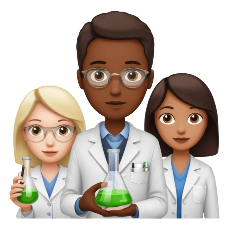 Three chemist: one organic chemist, one inorganic chemist and one theoretical chemist – each one with a typical item for their field of study (and not an erlenemeyer flask) sticker