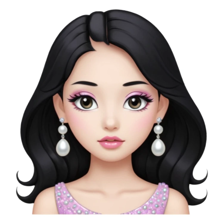 asian long voluminous black hair silver grey eyes glossy lips glittery white and light pink eyeshadow girl pearl earrings sticker