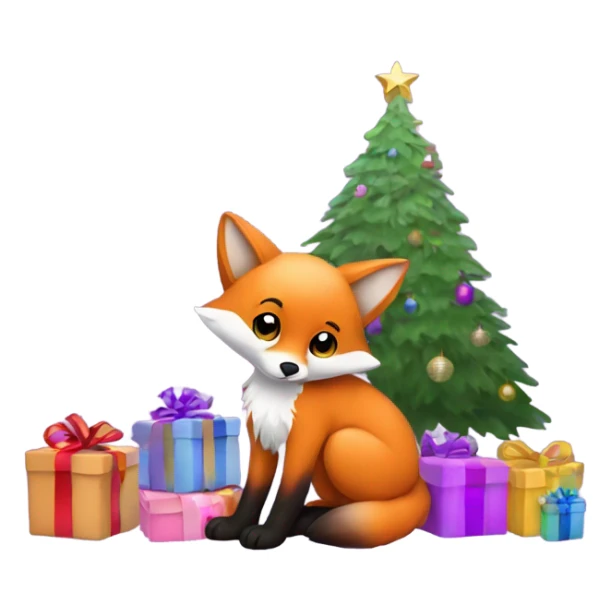 Baby fox sitting next to purple Christmas tree with presents  sticker