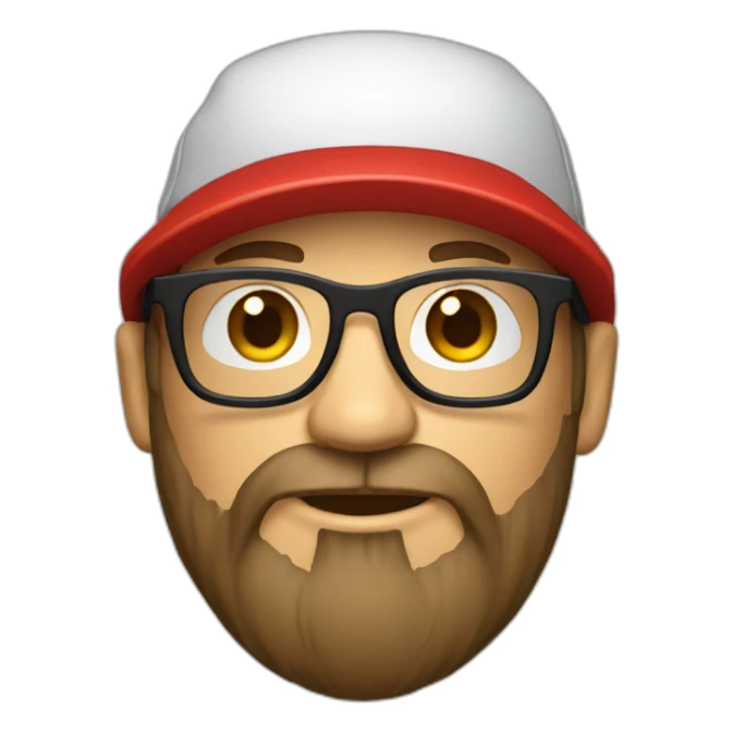 bearded designer with glasses and a red cap sticker