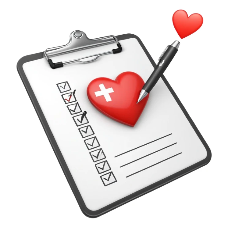 Medical clipboard with heart symbol and check mark, representing sexual health checkup sticker
