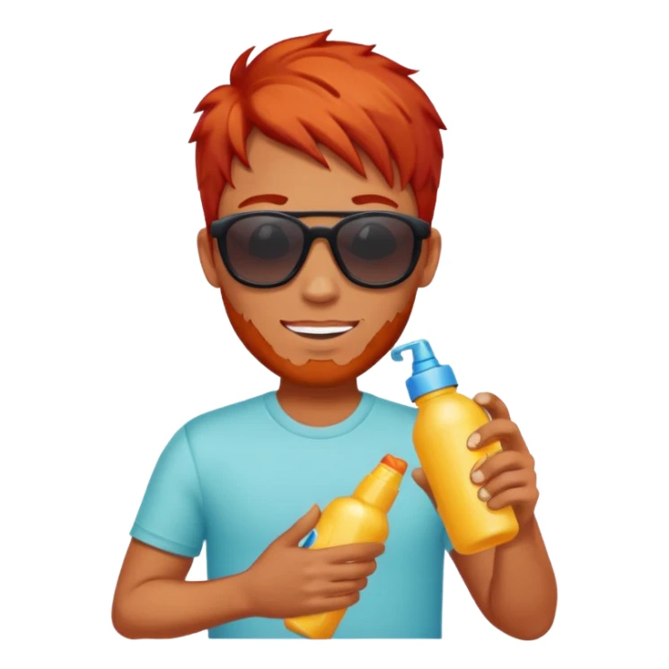 male red haired with suncream bottle and sunglasses, with sun burned sticker