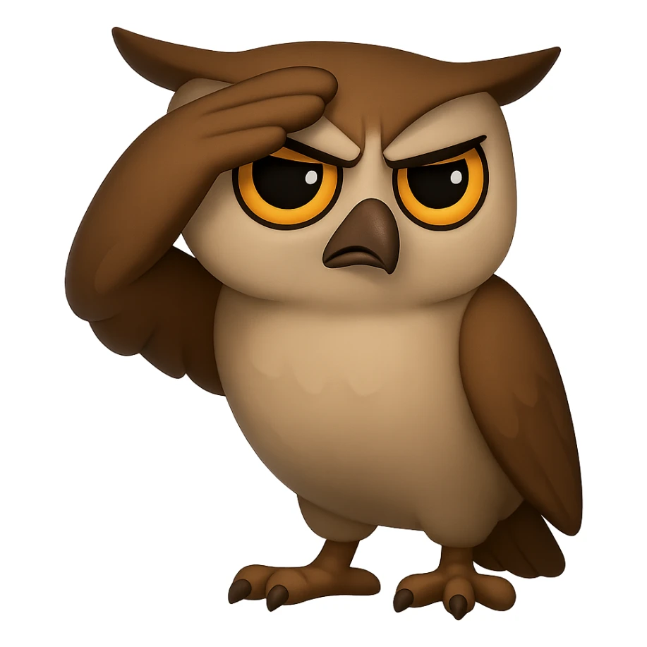 В стилистике эмоджи сгенерируй сову с сосредоточенным видом, которая держит крыло сверху лба, будто всматривается в даль, ее вид должен символизировать интуцию, чуйку, прозрачный фон sticker