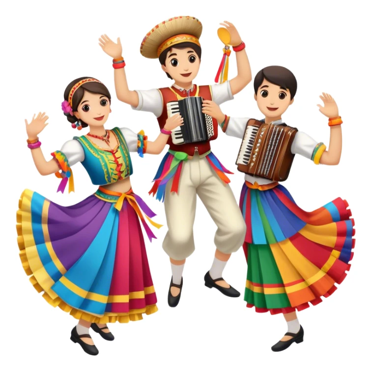 Icon for Folk Dance: close-up traditional dance shoes, colorful folk costumes, and a dance circle with ribbons and musical instruments like a tambourine or accordion. The icon should represent the vibrant and cultural aspects of folk dancing. Transparent background. sticker