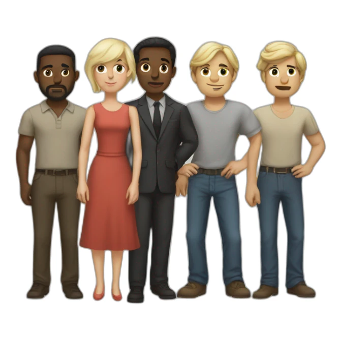 six dark-skinned men stand behind a pale blonde woman sticker