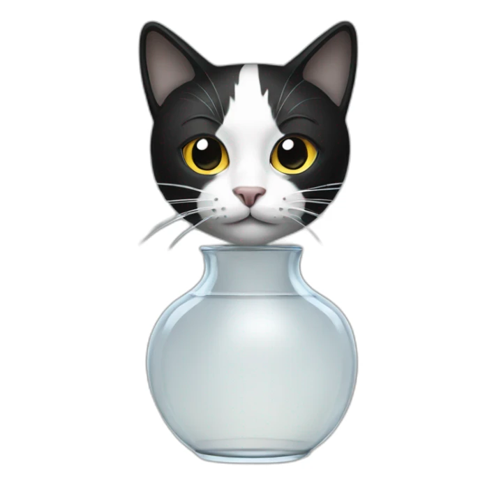 a black and white full body cat in a transparent vase sticker