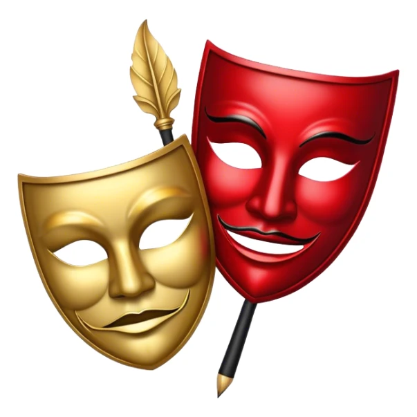 Create a bold and dramatic emoji representing the art of playwriting. The design should feature an open script or a theater playbook, with stylized text lines or dramatic dialogue inside. Include elements like a theatrical comedy and tragedy masks, a stage spotlight, or a writting quill to symbolize creativity and performance. Use deep, contrasting colors like red, black, and gold to evoke the intensity and passion of drama. The overall design should feel dramatic, inspiring, and artistic. Make the background transparent. sticker