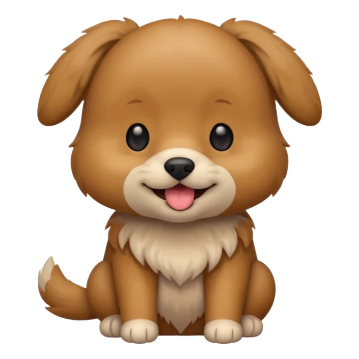 Cute small brown fluffy dog emoji icon. Round face, short muzzle, light brown fur with slightly darker ears, small black nose, happy smiling expression with tongue out. Soft friendly eyes, sitting pose with front paws together. Simple clean vector style, minimal details, kawaii style. sticker