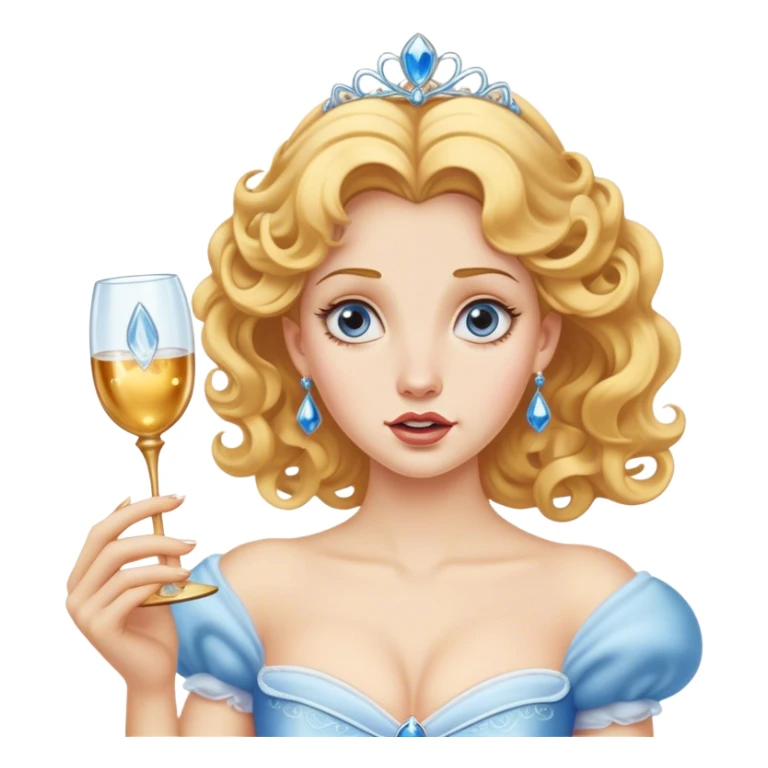 Cinematic Funny Cinderella Portrait Emoji, Stunned expression as she holds a glass slipper much too big, one eyebrow raised, golden curls slightly messy, a mix of royal grace and unexpected humor, capturing a lighthearted twist on her fairy tale moment! sticker