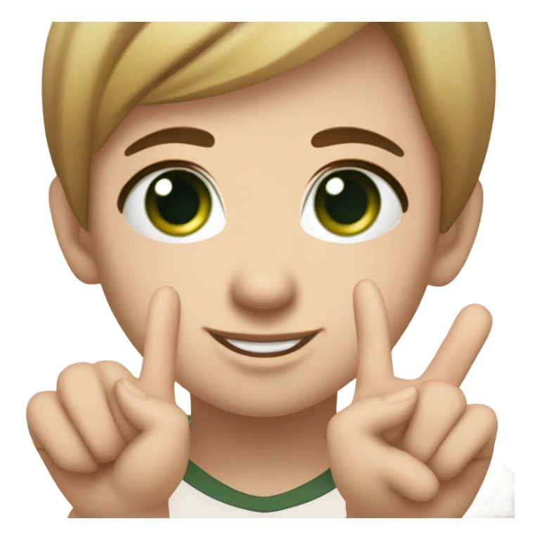 Partrait below the shoulders. round cute face. rosy cheeks, fair skin. dark green eyes, wink. thick black eyelashes. small nose. long hair, hair color light brown. Large earring in the ear. Background with gradient. Fingers show victory hand sign sticker