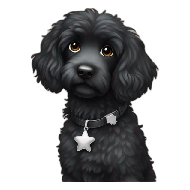 fully black aussie doodle with a silver star-shaped tag on its collar sticker