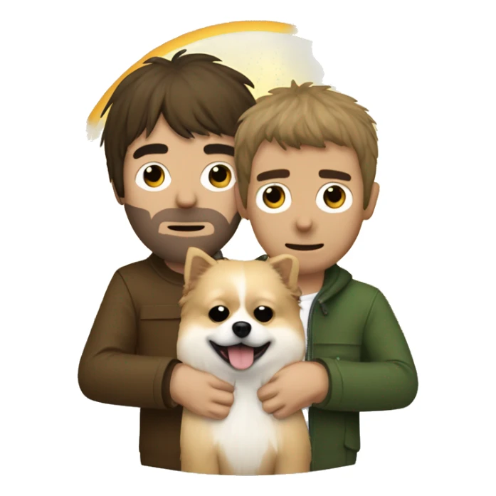 noel and liam gallagher hugging a pomeranian dog, noel is on the left and liam on the right sticker