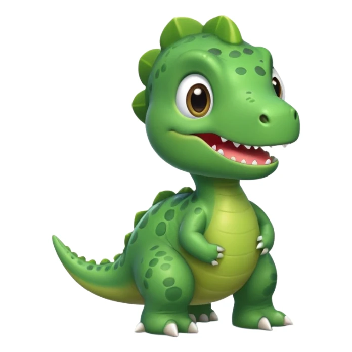 Cute green dinosaur emoji with round body, big eyes, small arms, soft shadows, smooth outlines, glossy finish, friendly smile, simple flat design, high-detail yet minimal style, perfect for emoji set, transparent background sticker