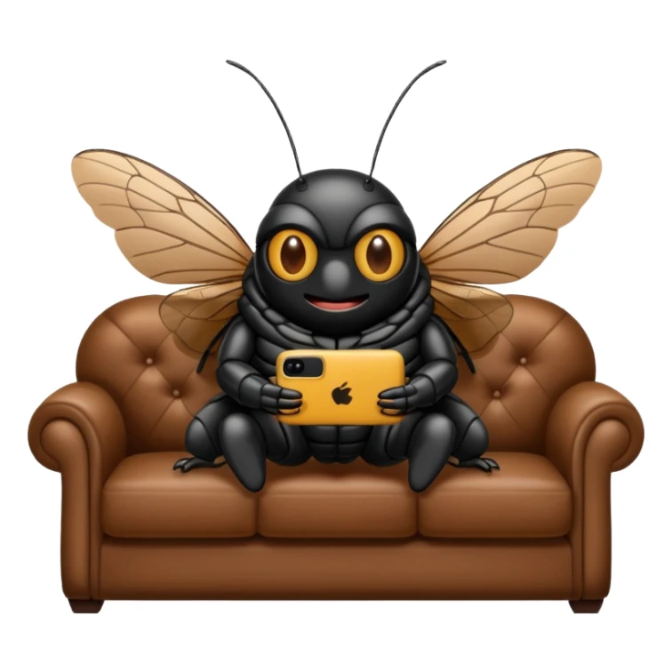 Black Cicada cartoon style watching on a phone sit on a brown sofa  sticker