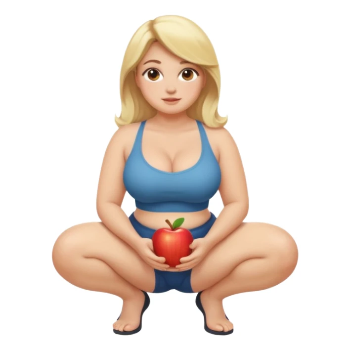curvy blonde woman, front view, squatting and sitting, friendly expression, SFW, no explicit content, apple emoji style sticker