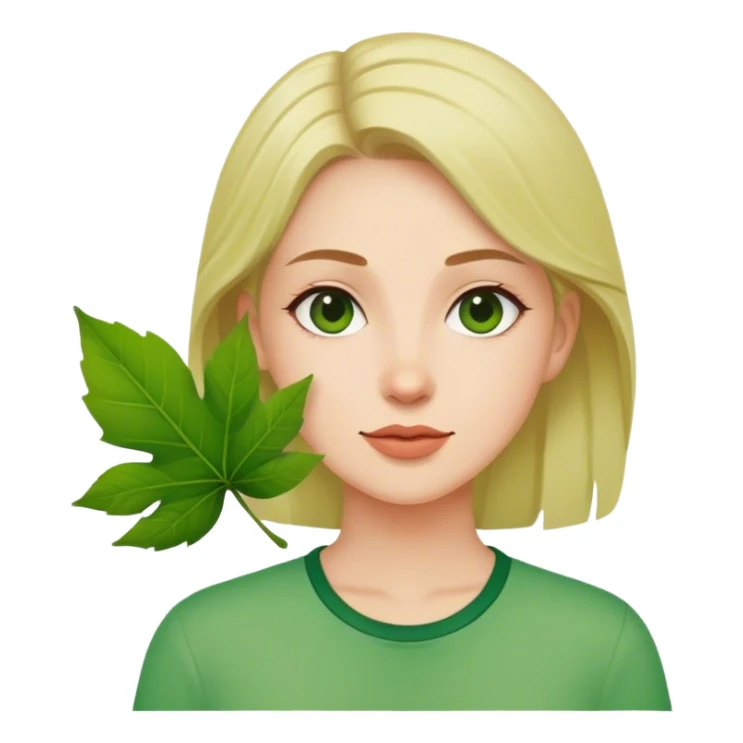 woman in green shirt with leaf sticker