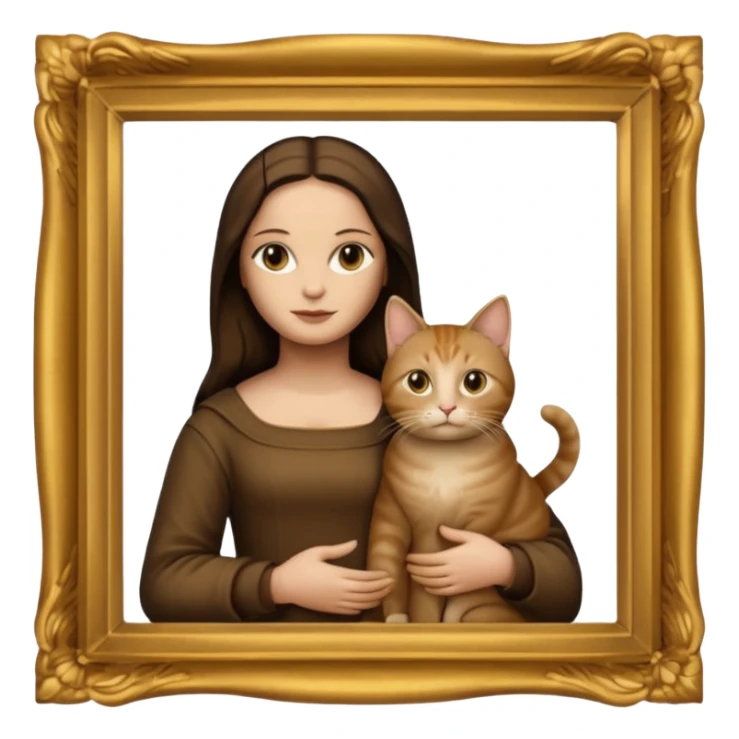 gold frame, painting, Mona Lisa in brown clothes, with cat sticker