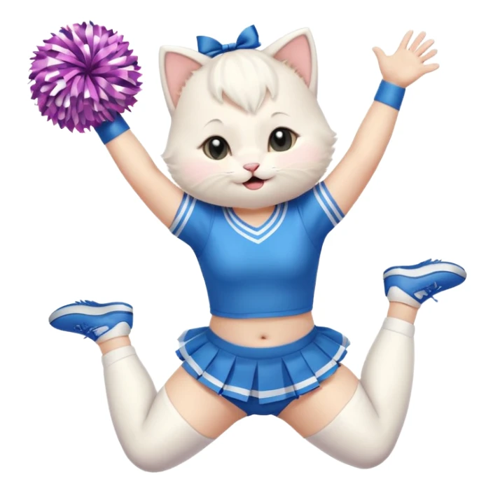 A chubby white kitten cheerleader in pastel uniform jumping in cheer pose. sticker