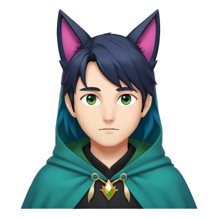 anime man with straight long dark-blueish-black-gradient hair, long black fox ears with pink Scapha, hazel-gradient-brown-turquoise eyes, gold earring, dark-blue-sweater, green cape,  sticker