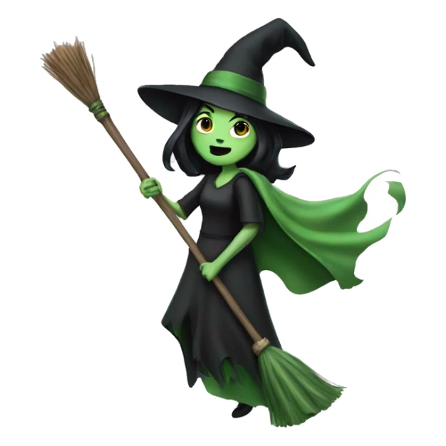 Green witch with black hair on broom stick  sticker