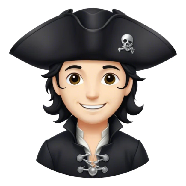 A charismatic pirate with wavy black hair, wearing a black tricorn hat and a sleek black coat with silver buttons, smiling confidently. sticker