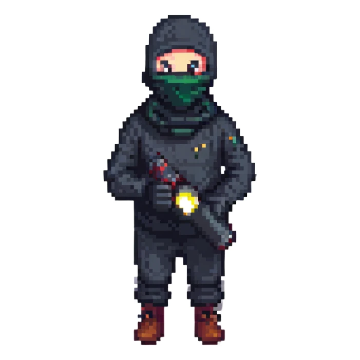 thief with black balaclava and flashlight, pixel art style sticker