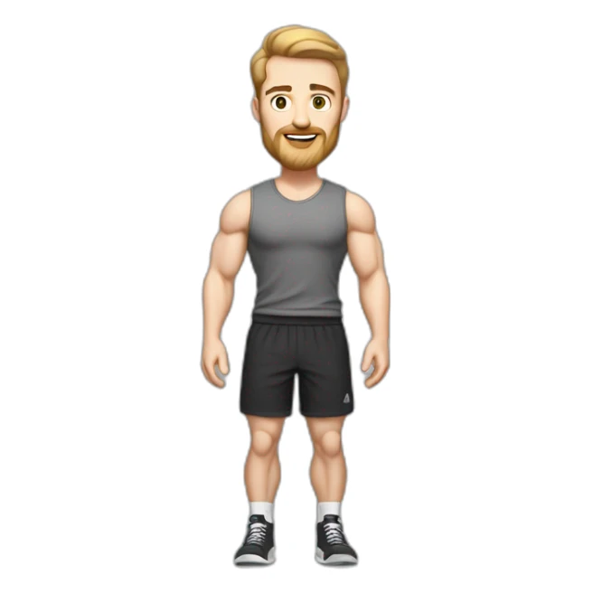 Full height Pale skinned fit man With biceps, Realistic eyes and mouth, light brown hair and stubble In dark gray sleeveless mike, black oversize sports shorts, watch and white sneakers. sticker