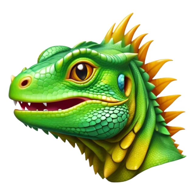 Cinematic Realistic Comical Iguana Portrait Emoji, Head tilted dramatically with an exaggeratedly amused expression, featuring a striking, glossy green-scaled body with bold natural textures and wide, expressive amber eyes brimming with playful disbelief, rendered with lifelike clarity and vibrant hues, high shine, dramatic yet playful, styled with an air of cheeky tropical mischief, soft glowing outline, capturing the essence of a spirited and over‐the‐top iguana that looks ready to charm its way into viral fame! sticker