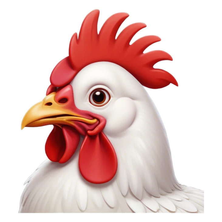 Cinematic Comical White Chicken Portrait Emoji, Head tilted dramatically with an exaggeratedly shocked or amused expression, featuring a sleek, immaculate white plumage with a prominent red comb, wide, expressive beady eyes filled with playful disbelief, Simplified yet hilariously expressive features, highly detailed, glowing with a slightly sassy glow, high shine, dramatic yet playful, stylized with an air of cheeky mischief, bright and endearing, soft glowing outline, capturing the essence of a spirited and over-the-top chicken, so meme-worthy it feels like it could cluck its way into internet fame instantly! sticker
