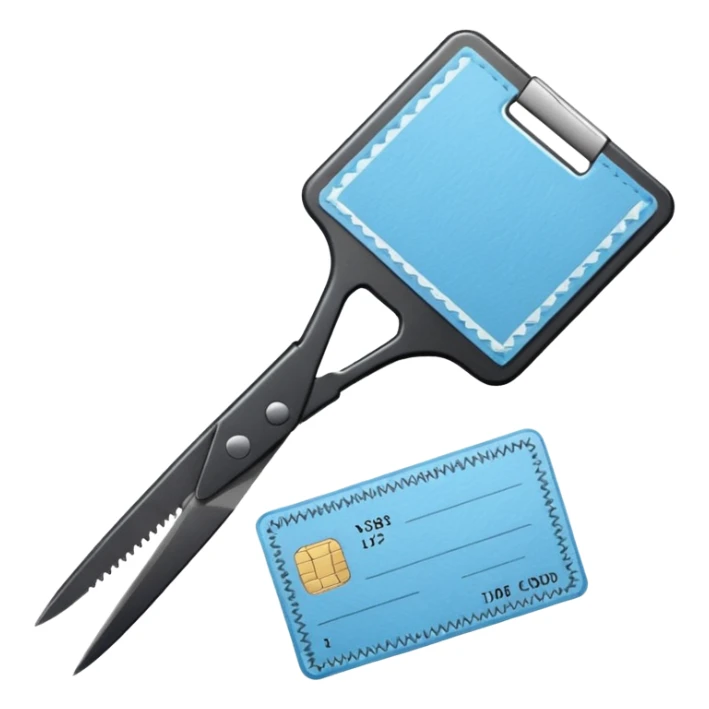 Floating black Scissors cutting a light blue military ID card in 2 parts .hyper realistic sticker