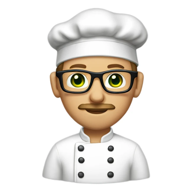 Man with light brown hair, green eyes, mustache, long face, light skin, and glasses wearing a chef hat sticker